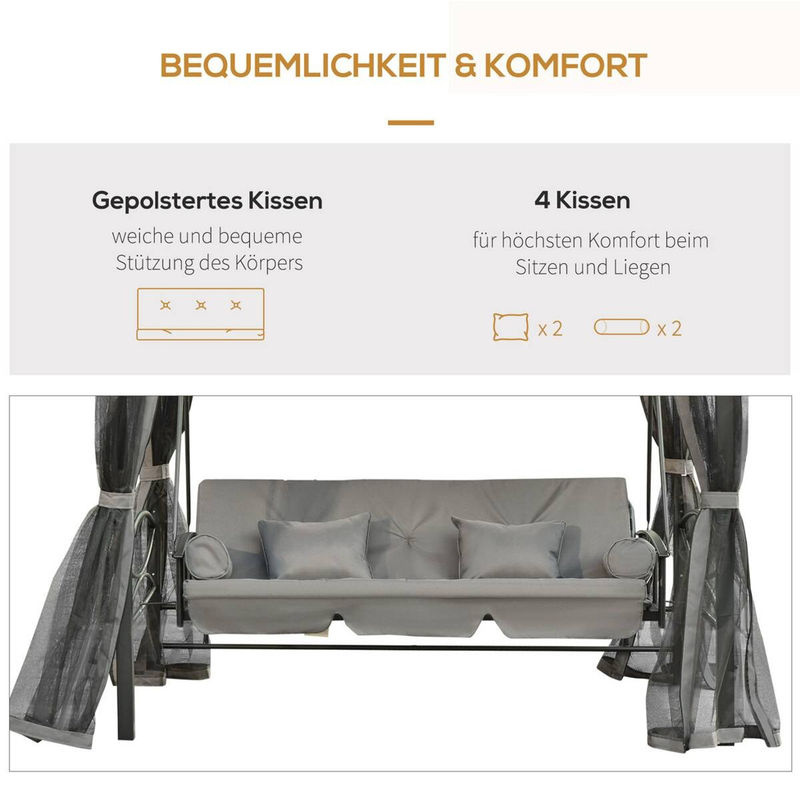 Outsunny Hollywoodschaukel grau aus pulverbeschichtetem Stahl mit Sonnen canopy und Kissen, wandelbar zum Bett, B/H/L: 172 x 248 x 256 cm - Bild 3