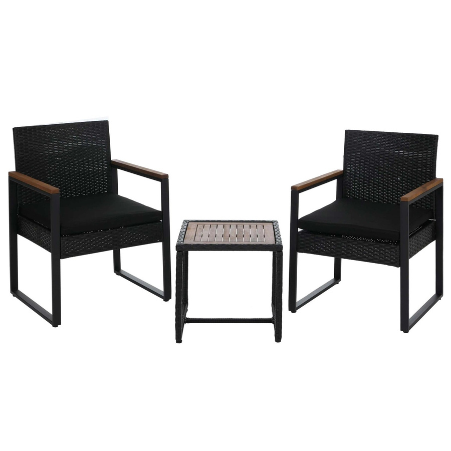 MCW Poly-Rattan Garten-Garnitur P74 mit Tisch und 2 Stühlen aus Akazienholz in Schwarz mit schwarzen Polstern - Bild 3