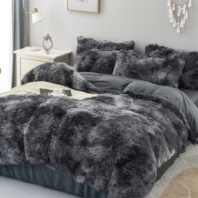 Bin Chi Textiles 4-teiliges Nerz-Bettwäscheset aus Plüsch und Kristall-Samt für den Winter, Set bestehend aus Bettbezug, Spannbettlaken und Kissenbezügen, B/H: 150 x 200 cm, Grau/Mehrfarbig - Bild 1