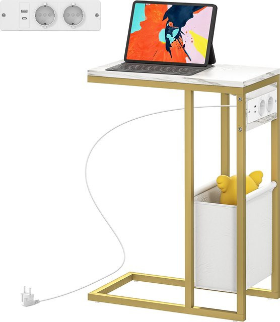 HOMCOM Beistelltisch mit Ladestation in C-Form mit Stoffaufbewahrungssack und Marmoroptik, Farbe: Weiß/Gold, B/T/H: 46 x 25 x 62,5 cm, Aosom - Bild 1