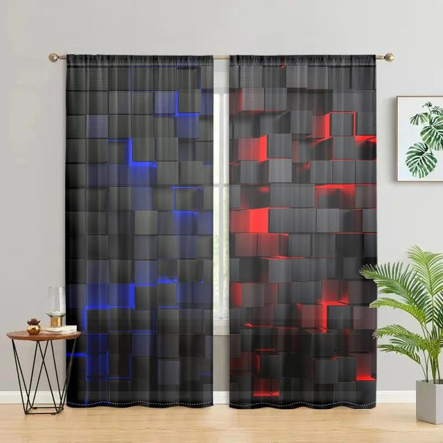 2er-Set halbverdunkelnde Vorhänge mit abstraktem geometrischem Würfelmuster von Household supplies MH, Mehrfarbig, B: 150 cm, H: 166 cm - Bild 1