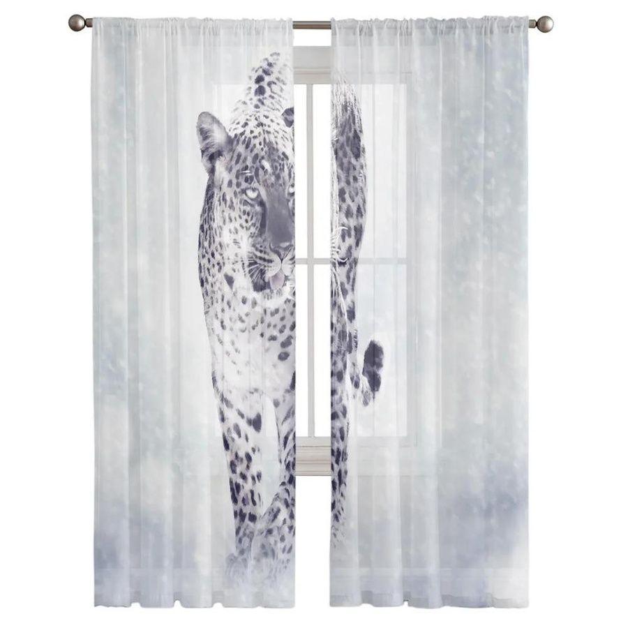Yiran Furniture Transparentes Tüll-Fenstervorhang mit Leoparden- und Schneeflocken-Design, Organza-Voile-Vorhang in Weiß, Breite: 135 cm, Höhe: 115 cm - Bild 2