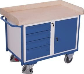 VARIOfit Tisch- und Schrankwagen aus Stahl in Blau oder Grau mit Arbeitsplatte und 400 kg Traglast - Bild 1
