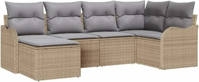 vidaXL Garten-Sofa-Set aus Poly-Rattan mit Kissen in Beige und Hellgrau, 6-teiliges L-Shape Lounge-Set mit Metallrahmen - Bild 1