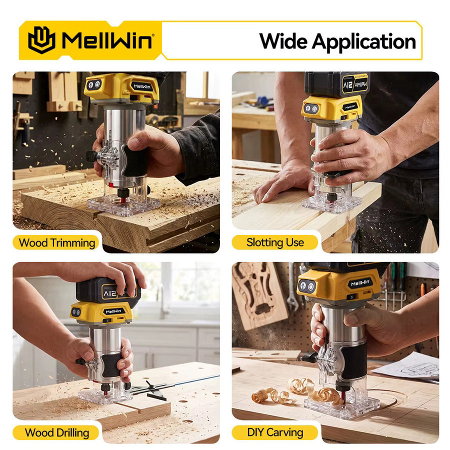 MELLWIN Bürstenloser Holzfräser mit 5 Geschwindigkeiten, kabelloser elektrischer Trimmer-Fräser für Holzbearbeitung, Gravur und Nutenfräsen, kompatibel mit Makita 18V Akku - Bild 8