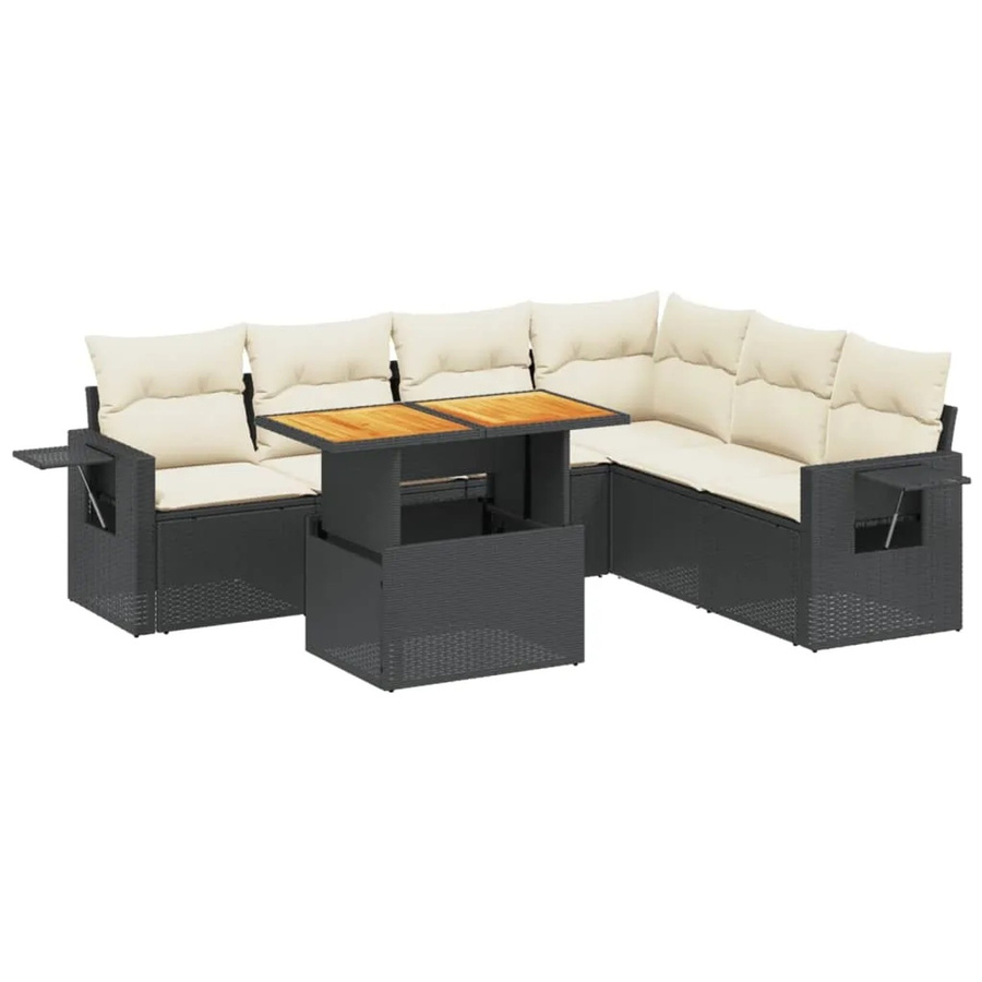 vidaXL 7-teilige Garten-Sofagarnitur aus Polyrattan in Schwarz-Creme mit Polsterkissen und Armlehnen - Bild 2