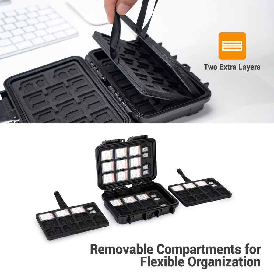 KIWIFOTOS Speicherkarten-Etui in Schwarz mit 132 Fächern für 88 MicroSD-Karten und 44 SD-Karten, tragbare IP67 wasserdichte Aufbewahrungsbox - Bild 2