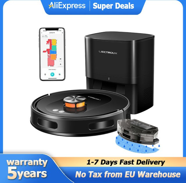 Liectroux T9 Saugroboter mit Wischfunktion und Selbstentleerungsstation, LDS Laser Navigation, Smart Home Nass- und Trockenreinigung, 6.5KPa Saugleistung, Carpet Boost, Schwarz - Bild 1