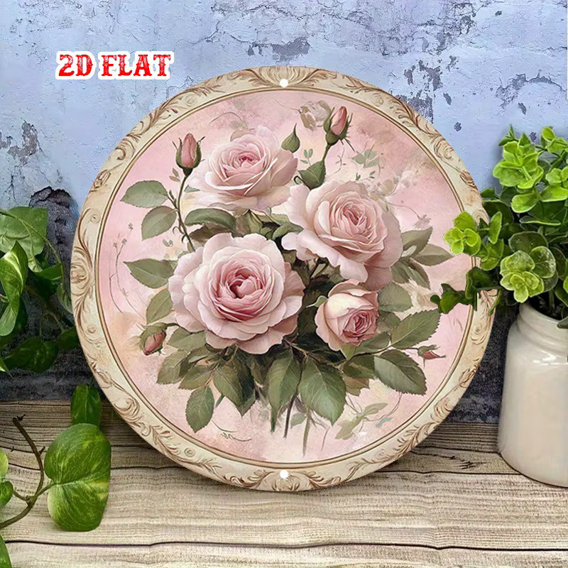 CIFBUY Metall-Wandkunst mit rosa Blumenmuster, rundes Wanddekor im Vintage-Stil - Bild 3
