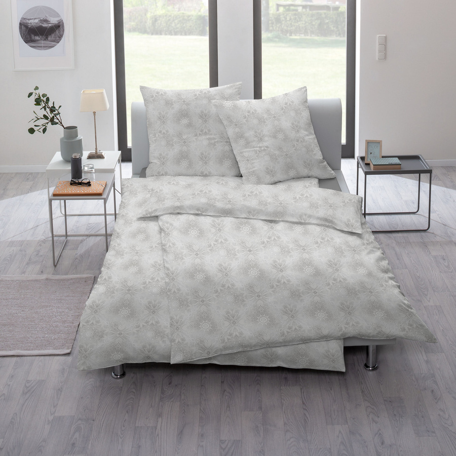 Estella Mako Jersey Bettwäsche Amalie Platin Ornamente Natur in Grau/Silber, Set bestehend aus Bettbezug und Kissenbezug, B/H: 135 x 200 cm und 80 x 80 cm - Bild 1