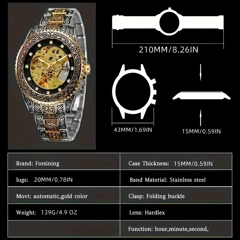 FORSINING Armbanduhr, Automatik, Edelstahl, Schwarz, Herren, Vintage - Bild 5