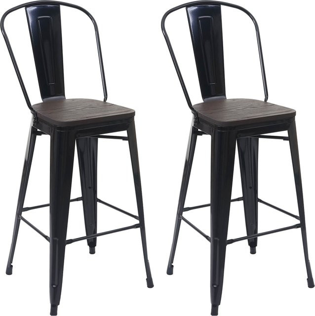 2er-Set MCW Barhocker A73 im Industriedesign mit Ulmenholz-Sitzfläche und Metallgestell, Schwarz - Bild 1