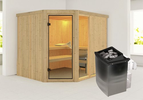 Karibu Sauna Paide 3 aus Fichtenholz in Beige inklusive 9 kW Saunaofen mit integrierter Steuerung für 4 Personen, B/T/H: 231 x 196 x 198 cm - Bild 1