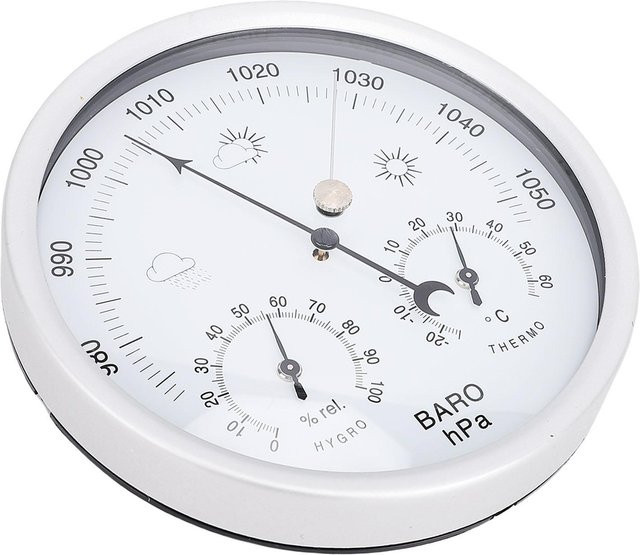 Runde Wetterstation aus Aluminiumlegierung mit mechanischem Uhrwerk, Thermometer, Barometer und Hygrometer, Wandhängend, Grau, Durchmesser: 13,2 cm - Bild 1