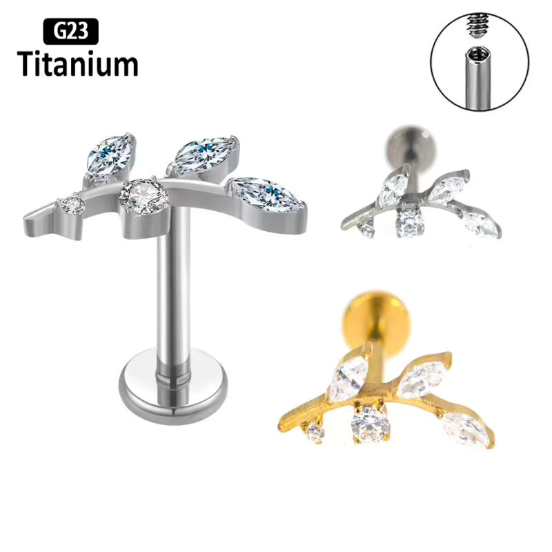 pioroe Piercing Labret, Titan, Blatt, Zirkonia, Unisex - Bild 1
