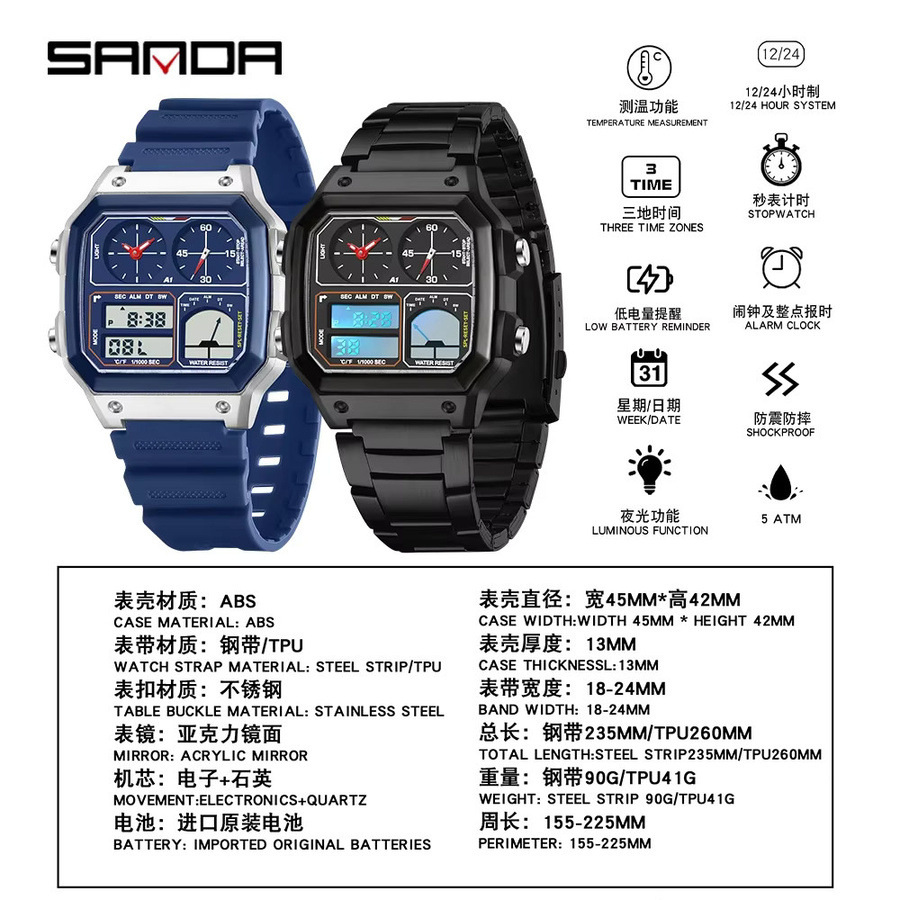 SANDA Armbanduhr Quarz, Edelstahl, Temperatur Messung, Herren - Bild 2