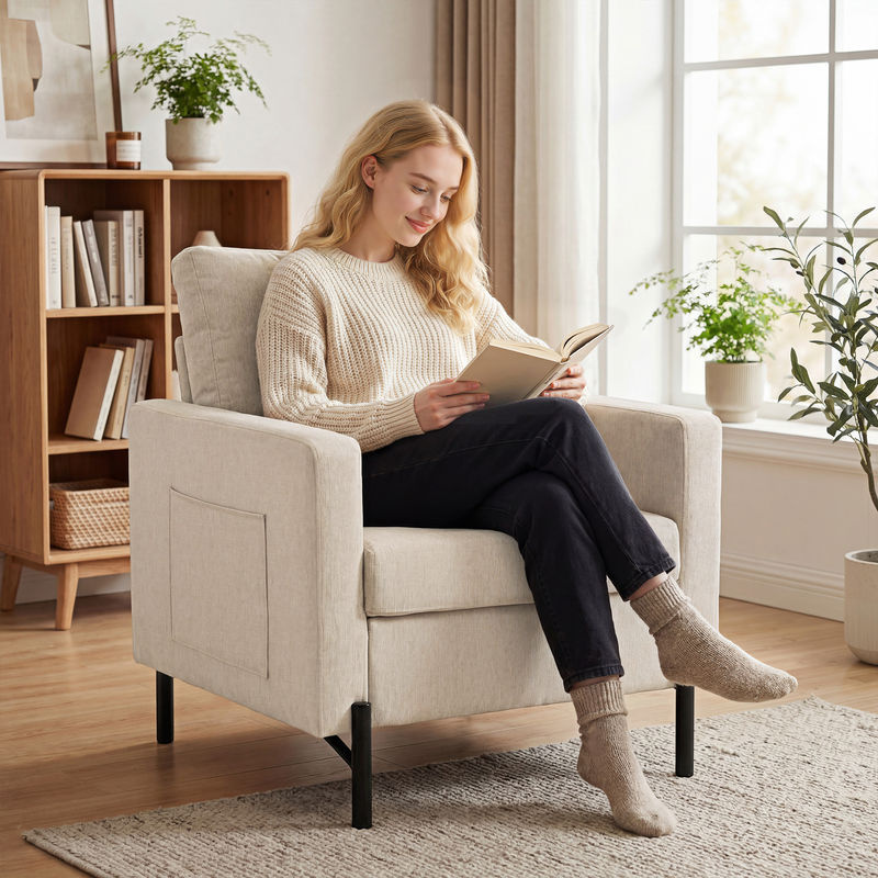 HOMCOM Wohnzimmersessel beige mit Armlehnen und Stahlfüßen in Leinenoptik - Bild 2
