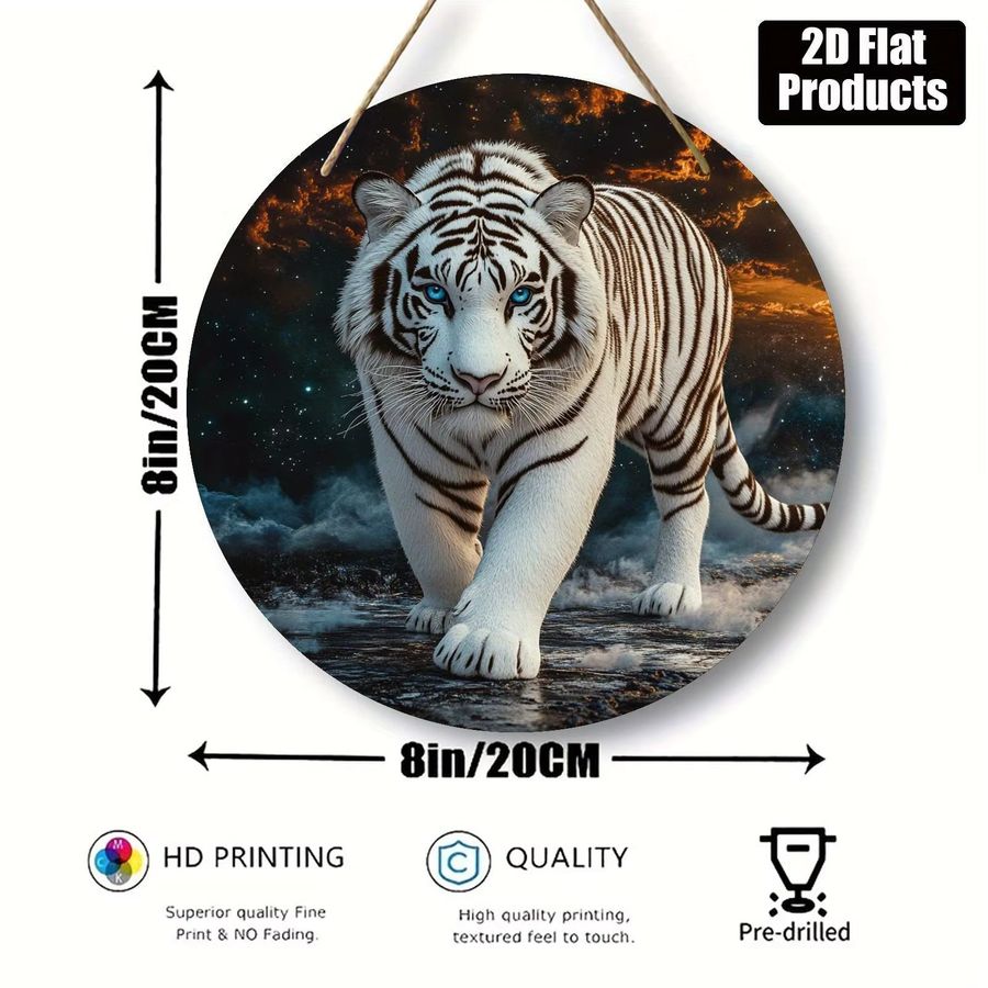 Majestic Tiger Art Rundwandkunst aus Holz mit weißem Tiger und blauen Augen im kosmischen Sternennachtdesign, Durchmesser: 20,3 cm - Bild 2