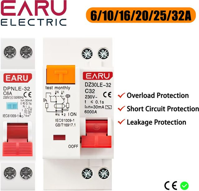EARU RCBO Fehlerstromdifferenzial-Schutzschalter 1P+N 6KA Automatischer Überstrom- und Leckageschutz in Weiß - Bild 1