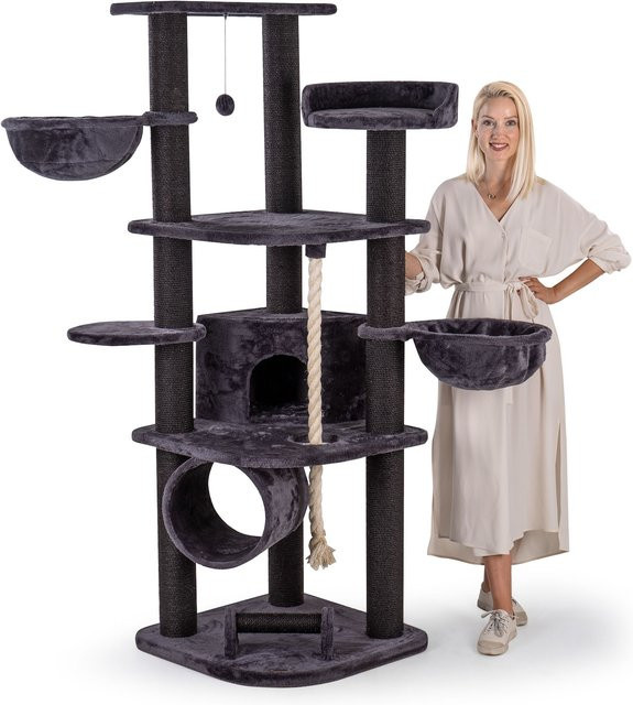 HAPPYPET Kratzbaum für Katzen in Anthrazit mit 181 cm Höhe, stabilem Kletterbaum inklusive Haus, Spieltunnel, Liegemulden und Kratzrolle - Bild 1