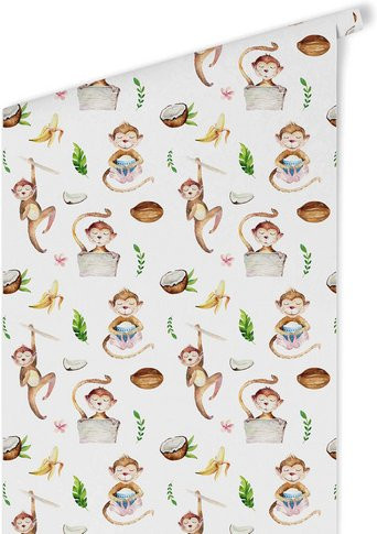 K&L Wall Art Vliestapete Kinder Kokosnuss Affen mehrfarbig matt - Bild 1