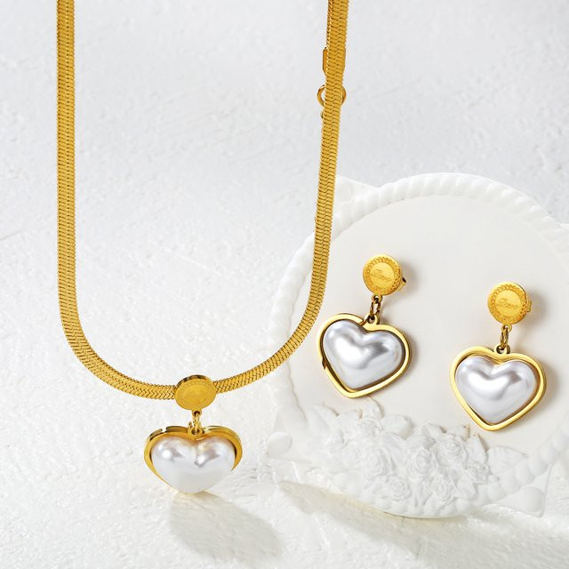 LUXUSTEEL Schmuckset Halskette und Ohrringe, Edelstahl, Gold, Perle, Damen - Bild 1