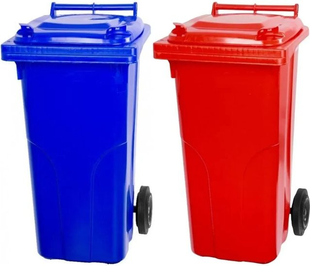 PROREGAL SuperSparSet 2x Mülltonne mit 2 Rädern aus HDPE-Kunststoff, 120 Liter, Blau und Rot - Bild 1