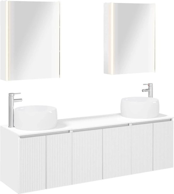 vidaXL Badezimmerschrank-Set in Weiß, modern und matt, bestehend aus Waschtischunterschrank, Wandunterschrank und Spiegelschrank mit LED-Beleuchtung und internen Regalen - Bild 1