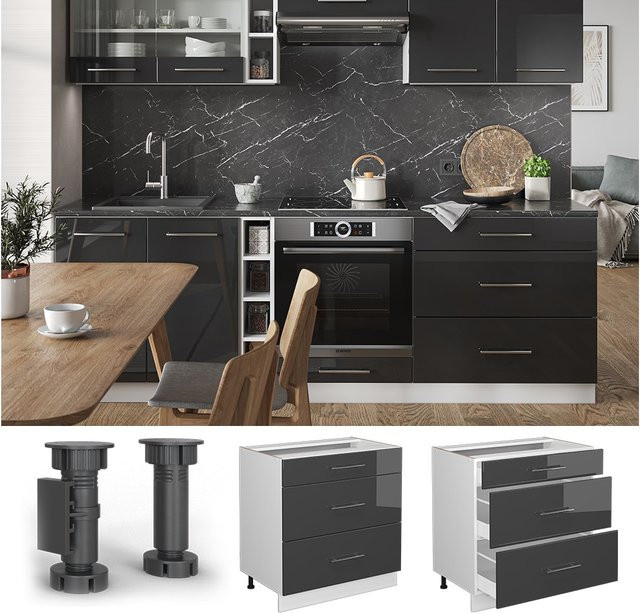 Vicco Küchenunterschrank Fame-Line mit 3 Schubladen in Weiß und Anthrazit Hochglanz, Breite: 80 cm - Bild 1