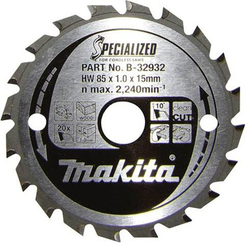 Makita Kreissägeblatt Specialized B-32932 für Holz, Hartmetallbestückung, Farbe: Silber, Durchmesser: 85 mm, Bohrung: 15 mm, Dicke: 0,7 mm, Zähneanzahl: 20 - Bild 1