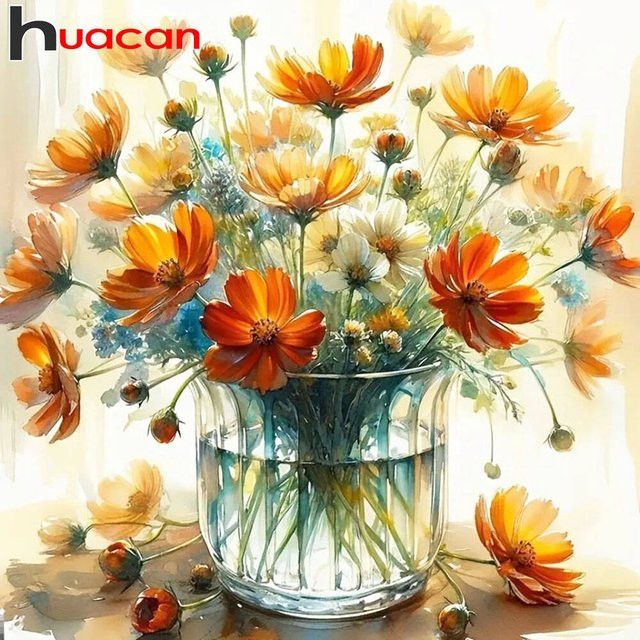 Huacan DIY-Diamantgemälde Vase mit Blumen als Diamant-Mosaik Bild aus Strasssteinen, B/H: 20 x 20 cm - Bild 1