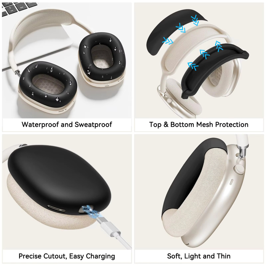 4-in-1 Silikonhülle für Apple AirPods Max Kopfhörer mit Ohrpolster-Hülle, Ohrmuschel-Abdeckung und Stirnband-Abdeckung in Schwarz - Bild 5