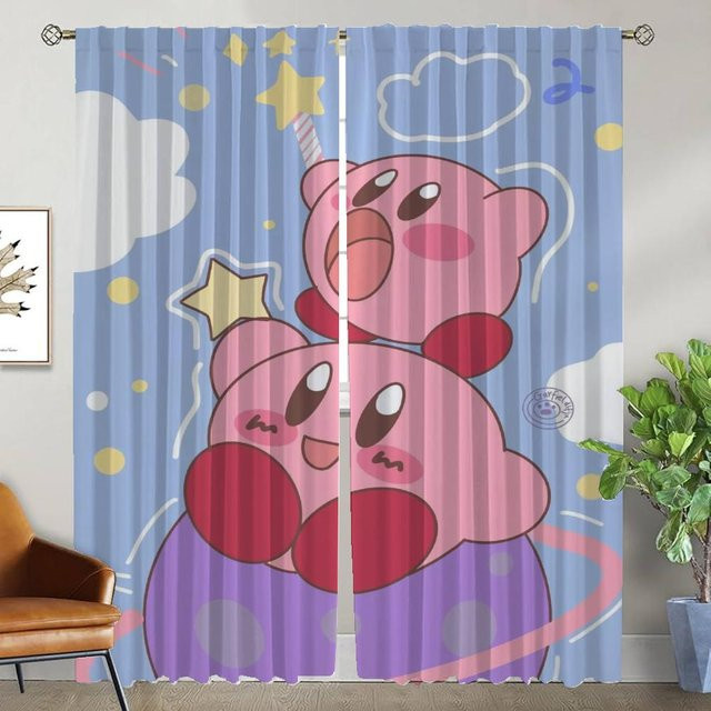 Kirbys Home Interior Küchenvorhänge 2er Set Blau mit Grafikdesign, semi-transparent, Breite: 50 cm, Höhe: 70 cm pro Panel - Bild 1