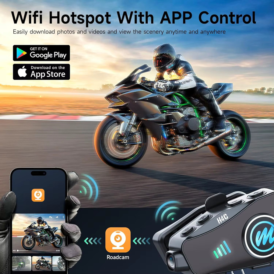 Moman H4C Motorradhelm-Headset mit 1080P Action-Kamera, 120 Grad Weitwinkel und 360 Grad Aufnahme, Schwarz - Bild 3