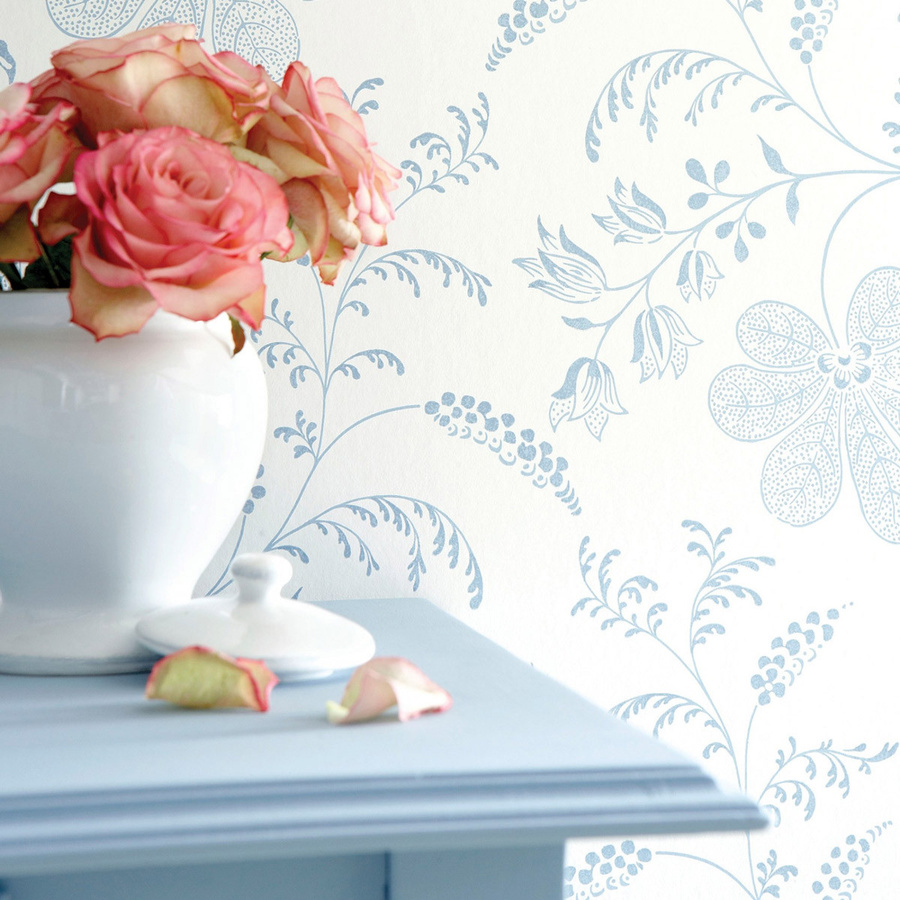 Little Greene Tapete Bedford Square Porcelain Blau Botanisches Vintage Floral Vlies-Tapete - Bild 1