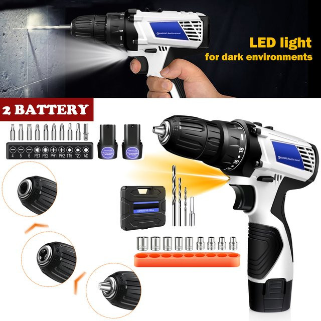 DayPlus Akku-Bohrschrauber-Set mit 150 W Leistung, 12 V, 45 Nm, inklusive 2 x 1,5-Ah Akkus und 26-teiligem Zubehör - Bild 1