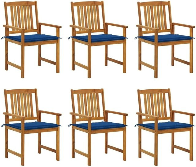 vidaXL Gartenstuhl-Set aus Akazien-Massivholz mit Kissen, 6 Stück, Braun und Blau - Bild 1