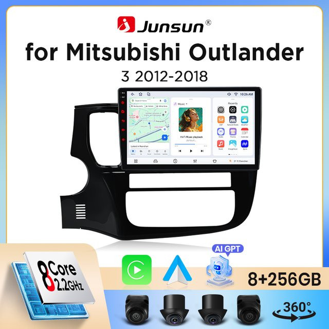Junsun Wireless CarPlay Android Auto Autoradio für Mitsubishi Outlander Mk3 (GF/GG) 2012-2021 in Schwarz mit GPS-Navigation, WiFi, Bluetooth und integriertem Lüfter - Bild 1