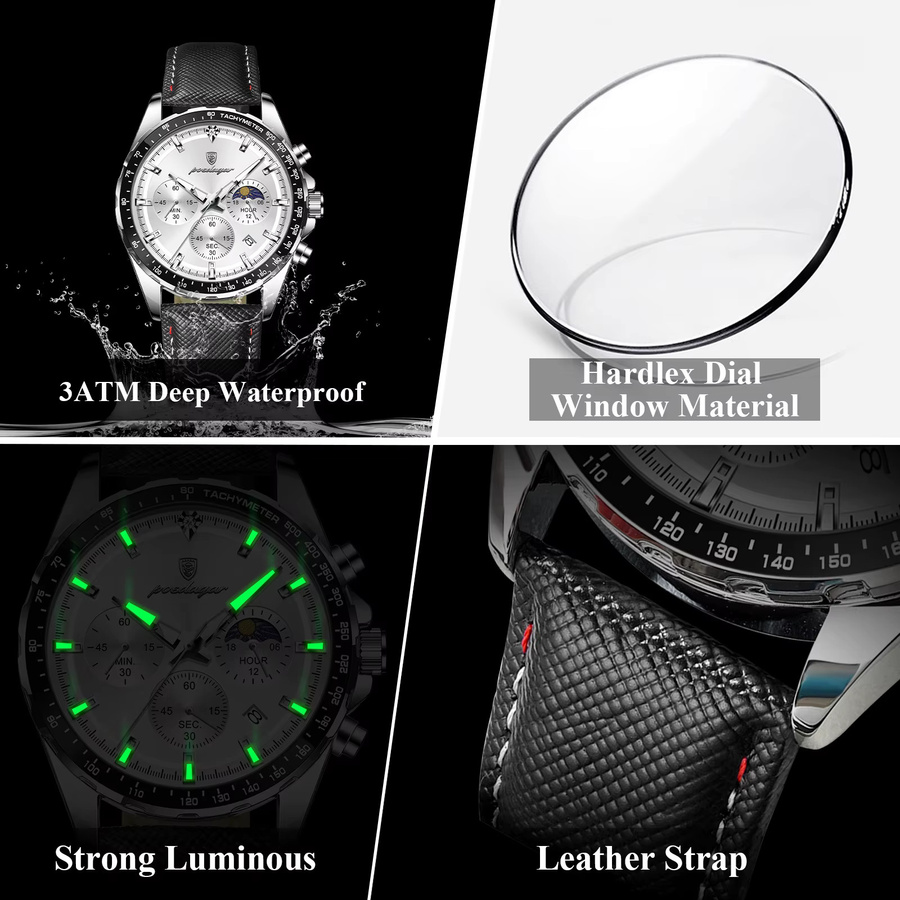 POEDAGAR Armbanduhr, Chronograph, Quarz, Leder, Silber, Herren - Bild 4
