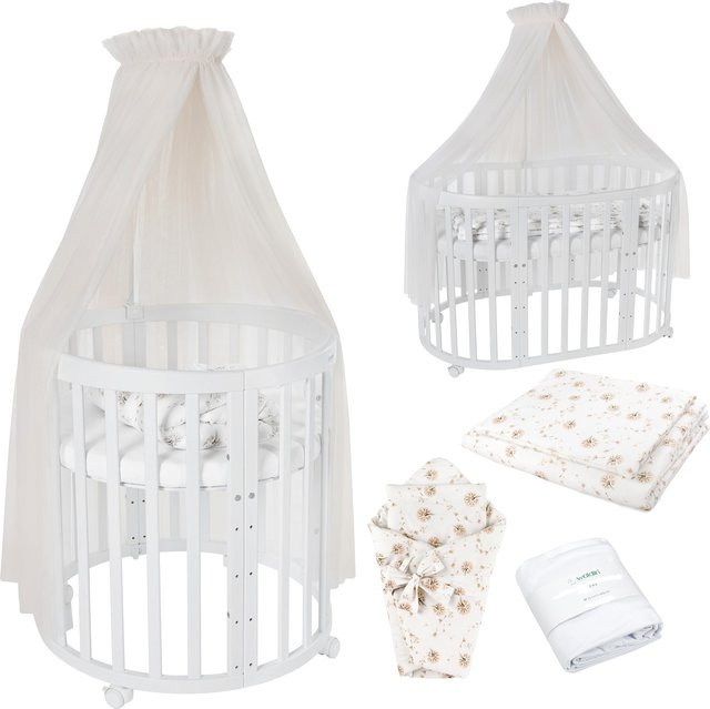 Waldin Babybett OWAL 7in1 Kinderbett aus Buchenholz mit Matratze, mitwachsendes Kinderbett, lackiert - Bild 1