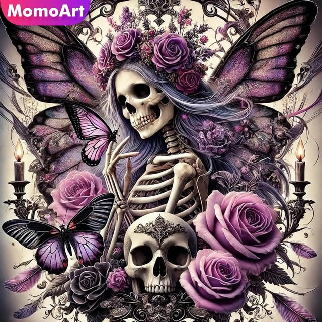 Momoart DIY Skelett-Diamant-Stickerei Horror Porträt mit Blumen und Schmetterling, Multicolour, B/T/H: 20 x 20 x 20 cm - Bild 1