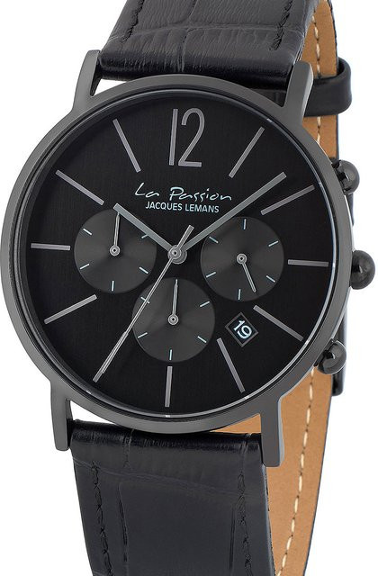 Jacques Lemans Chronograph, Quarz, Edelstahl, 40 mm, Leder, Schwarz, Unisex - Bild 1
