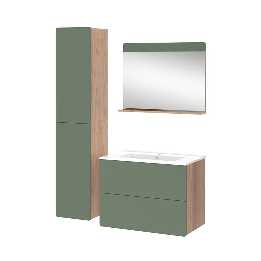 Vicco Badmöbel-Set Izan in Goldkraft Eiche und Grün, 4-teilig mit Hochschrank, Waschtischunterschrank, Spiegelschrank und Wandmontage - Bild 2