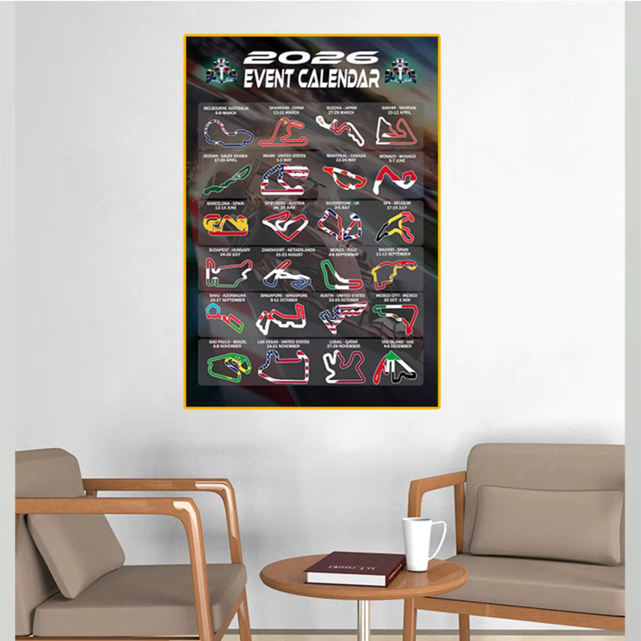 Geschenke und Versuchungen 2026 Formel Racing Event Kalender Poster mit Track Layouts und Nationalflaggen, Wandkunstdruck in Mehrfarbig - Bild 2