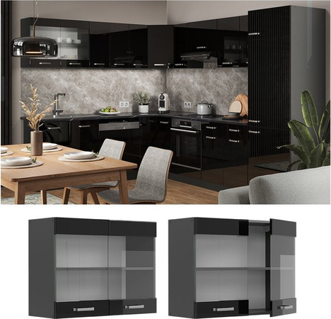 Vicco R-Line Glashängeschrank für die Küche in Anthrazit und Schwarz mit Glastüren, Breite: 80 cm