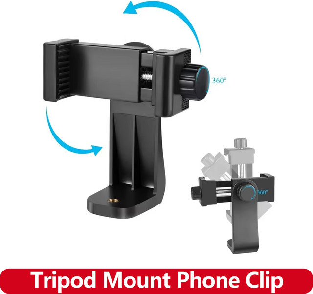 Universelle 360-Grad Stativhalterung für dein Handy mit 1/4 Zoll Schraubgewinde, Handy-Clip und Schreibtisch-Stativ-Adapter in Schwarz - Bild 1