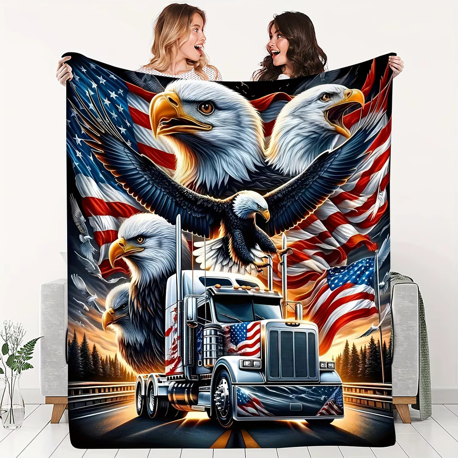 VIKAMA Retro-Flanell-Decke mit USA-Motiv, LKW und Weißkopfseeadler, Mehrfarbig - Bild 4