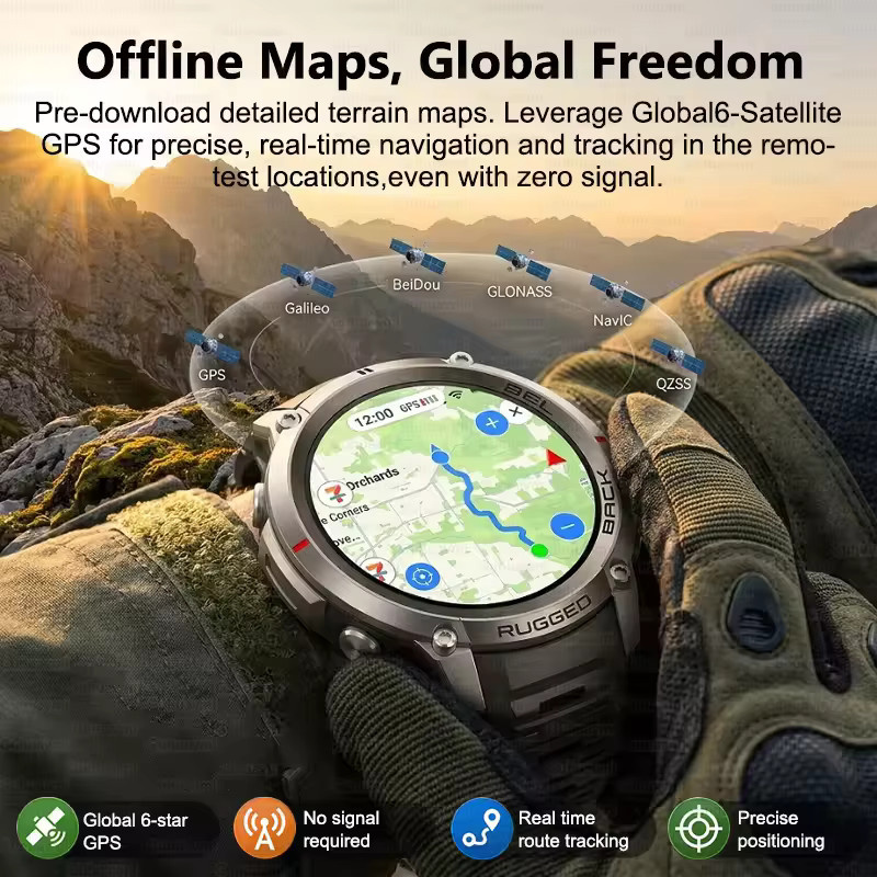 TAVYU Militär-GPS-Smartwatch für Männer mit 1,43 Zoll AMOLED Display, Bluetooth Anruffunktion, Kompass, 5ATM Wasserdicht, 500mAh Akku und 170+ Sportmodi, Schwarz - Bild 2