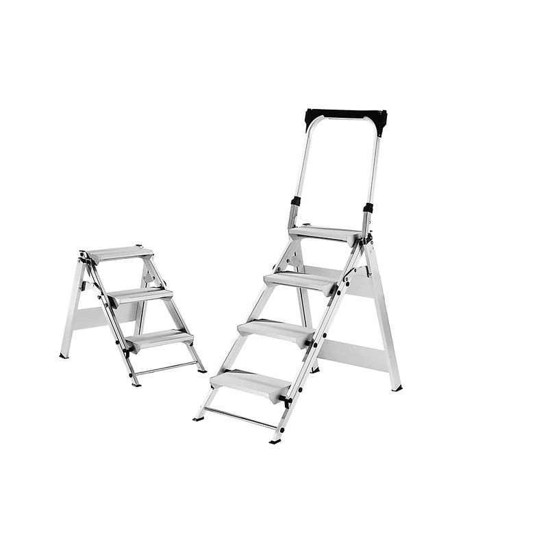 MUNK Günzburger Steigtechnik Aluminium Klapptreppe mit 3 Stufen in Silber mit Ablageschale und rutschfesten Kunststoffschuhen, maximale Arbeitshöhe: 2,7 m - Bild 3