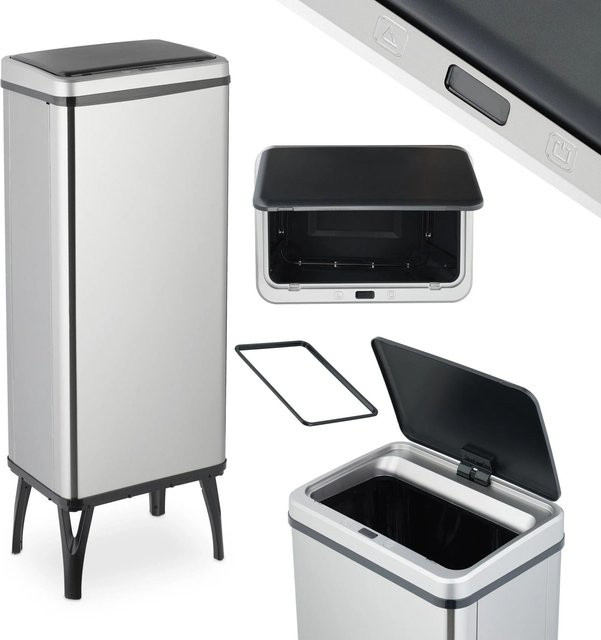 Relaxdays Sensor-Mülleimer aus Edelstahl in Silber und Schwarz, Volumen: 60 l, H x B x T: 95 x 36 x 26 cm - Bild 1